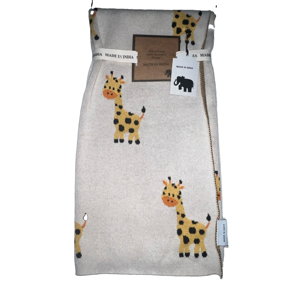 Made In India Baby Giraffe Blanket, Reversible  Knitted  Cotton Ivory/Yellow New